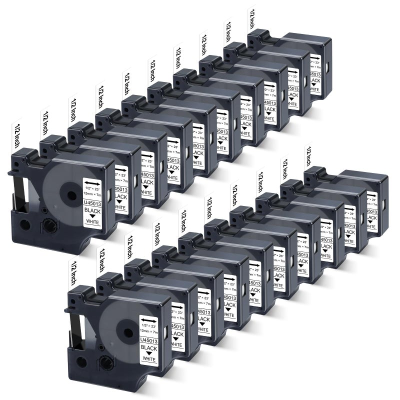 Unismar Compatible With Dymo D1 Label Tape 45013 A45013 S0720530 For Dymo Label Maker Refill Replacement For Dymo Labelmanager 160 210D 260P 280 360D 420P Pnp, 1/2 Inch X 23 Ft, Black On White, 20Pack - Image 1